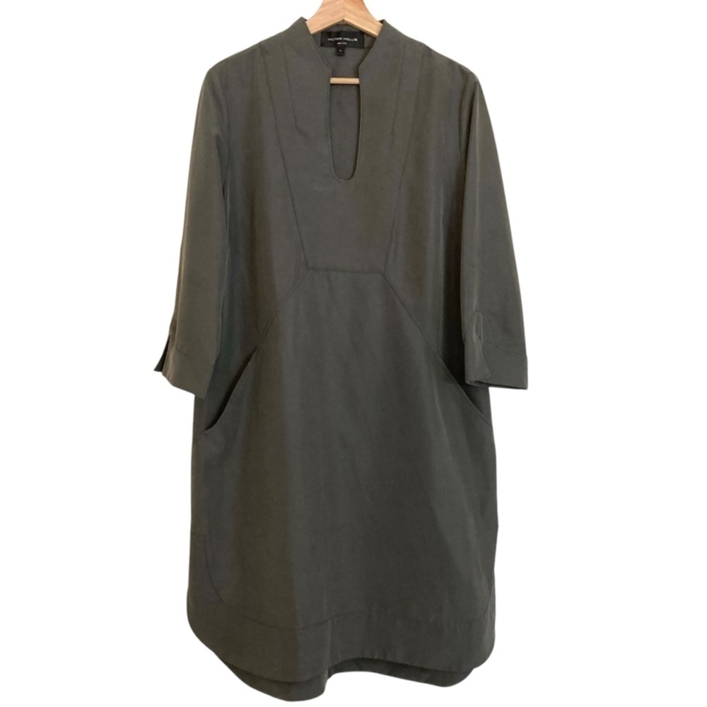HILTON HOLLIS 3/4 Sleeve Shift Dress Shirttail Knee Length Designer Size L Green